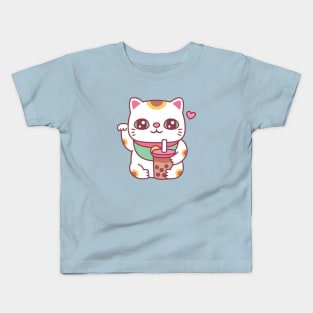 Cute Japanese Maneki Neko Cat With Bubble Tea Kids T-Shirt